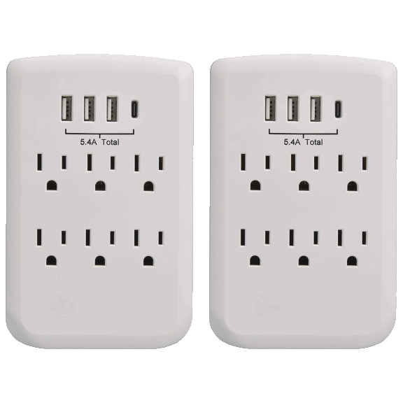 2- or 4-Pack: Clear Power 6-Outlet Wall-tap with 3-port USB-A and 1-Port USB-C