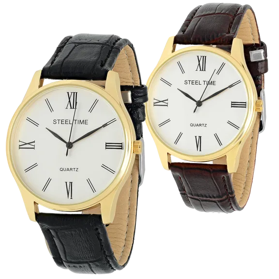 SteelTime Men's Black or Brown Faux Leather Bracelet Watches
