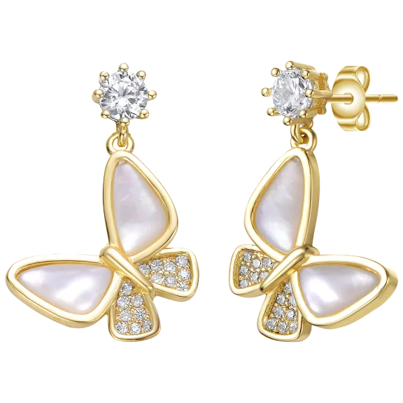 Genevive Sterling Silver Gold Plated Mother of Pearl Butterfly Earrings
