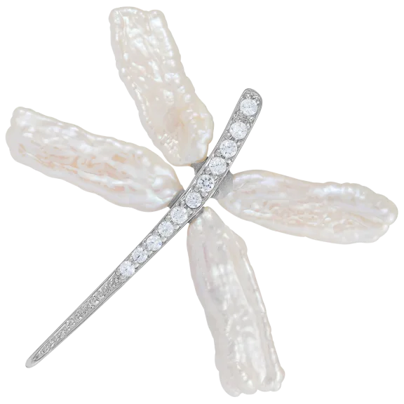 Splendid Pearls Dragonfly Pearl Brooch in Sterling Silver