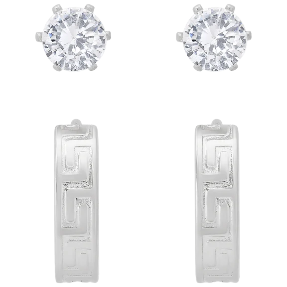 Steeltime Men's Simulated Diamond Studs & Greek Key Huggie Hoops Set