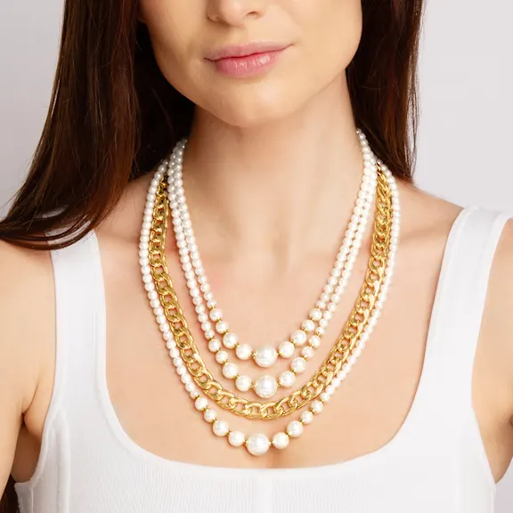 Martha Stewart Four Strand Pearl and Chain Gold Necklace