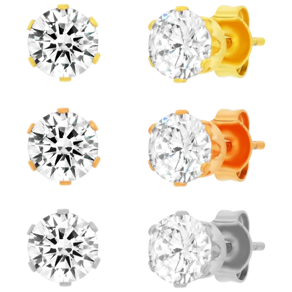 3-Pack: Steeltime Assorted Round Simulated Diamond Stud Earrings