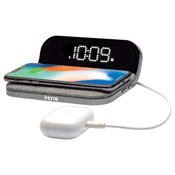 iHome 15W Wireless Charger with Alarm Clock and USB-A Port