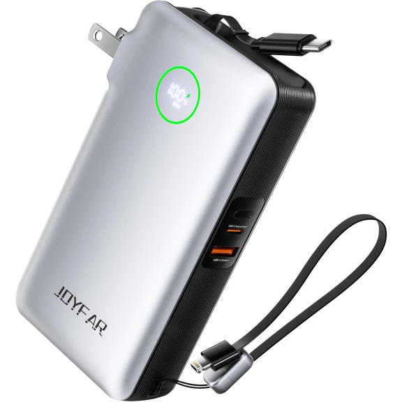 JOYFAR 10,000mAh Fast Charging Power Bank with Built-in Cables & Wall Plug