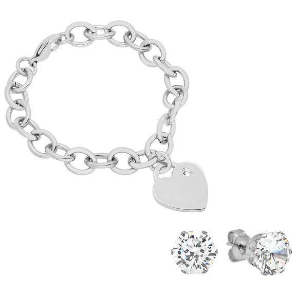 Steeltime Set de 2 Pulsera y Pendientes con Corazón Rolo de Cristal Swarovski