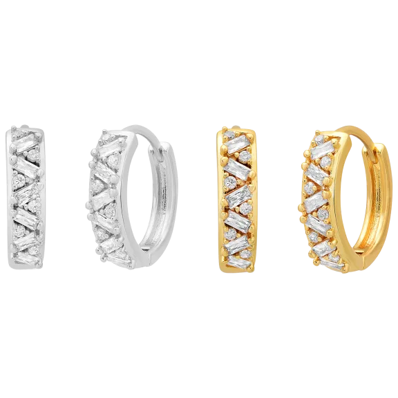 Steeltime Set of 2 Baguette & Round Simulated Diamond Brass Huggie Hoop Earrings