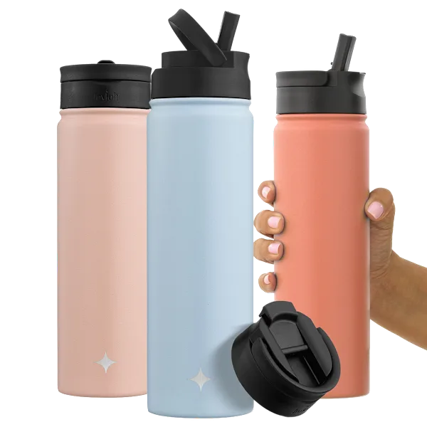 3-Pack: JoyJolt 22oz Water Bottle with Included Flip & Sport Straw Lids
