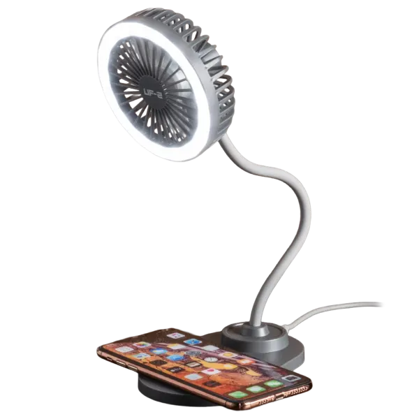 Veho UF2 3-in-1 Desktop Station with WLS Smartphone Charger, Fan & LED Light