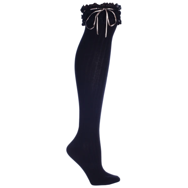 MinxNY Black Ribbed Knee-High Sock with Lace & Tan Ribbon