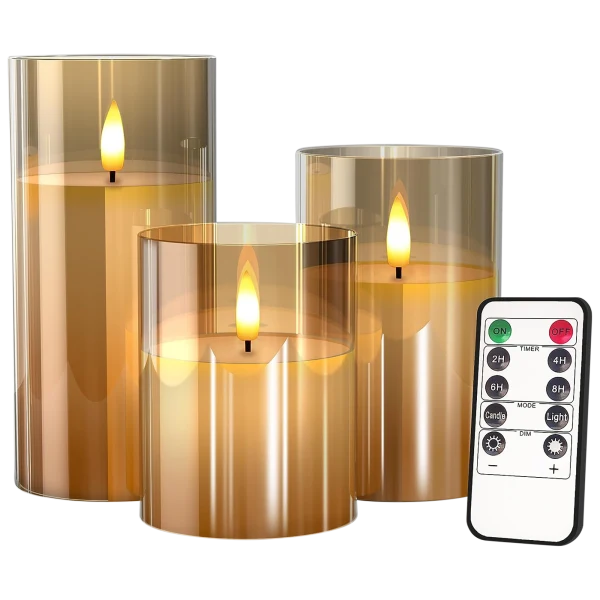 3-Piece Glass LED Real Flame-Effect Wax Candles Set