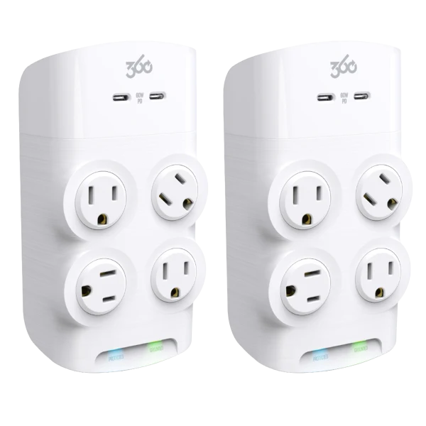 2-Pack: 360 Electrical Revolve 60W 4-Outlet Rotating Surge Tap w/ 2 USB-C Ports