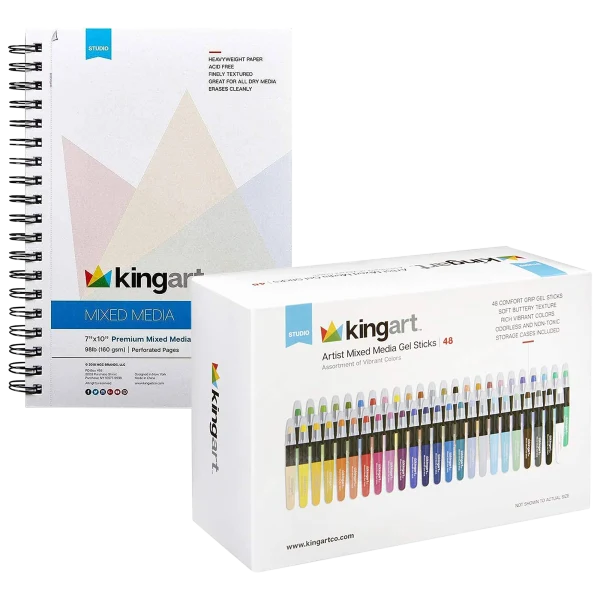 KingArt 48 Gel Stick Crayons and 7"x10" 60 Page Mixed Media Pad