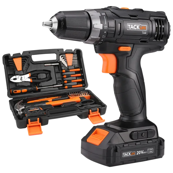 Tacklife 20V Cordless Drill with 60-piece Tool Kit