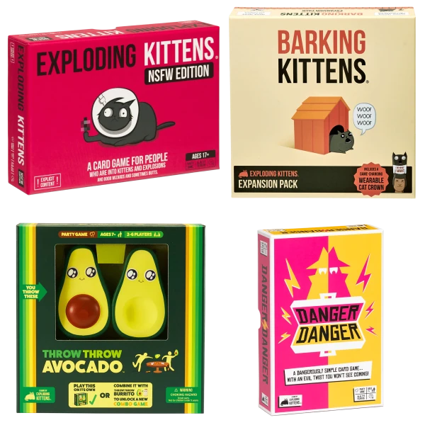 4-Pack: Exploding Kittens NSFW, Barking Kittens, Danger, and Throw Avocado Games