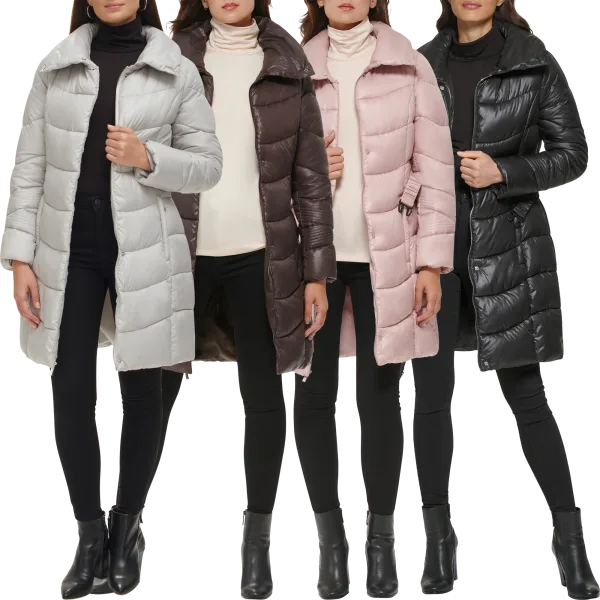 Kenneth Cole Longline Belted Puffer Jacket with Funnel Neck