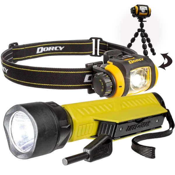 Life Gear Survival Flashlight Multi-Tool & Dorcy Headlamp with Tripod