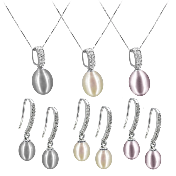 Pacific Pearls 18K White Gold Diamond Drop Earrings and Pendant Set