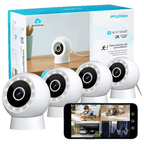 4-Pack: LaView WiFi Smart 2K HD Indoor/Outdoor Security Cameras