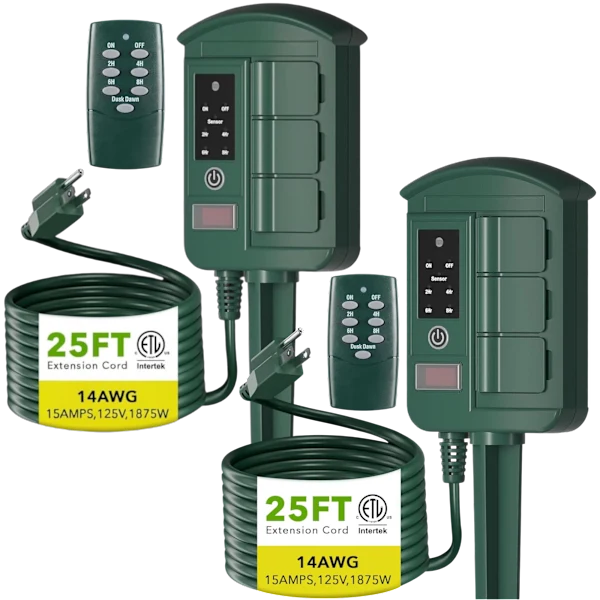 2-Pack: 6-Outlet Light Sensing 25FT Outdoor Power Stake w/ Remote
