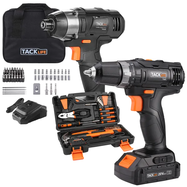 Tacklife 20V Cordless Drill or Impact Driver with 60-piece Tool Kit