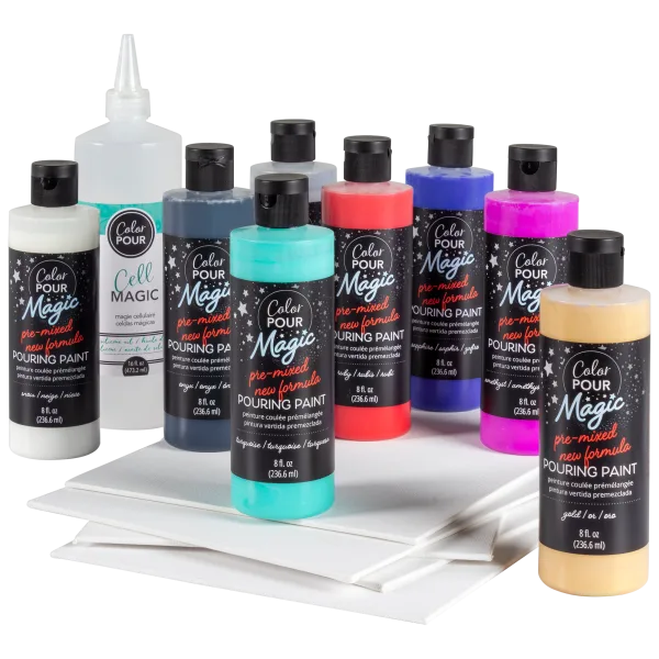 Deluxe 14-Piece Acrylic Color Pour Paint Bundle with Cell Magic & Canvas Panels