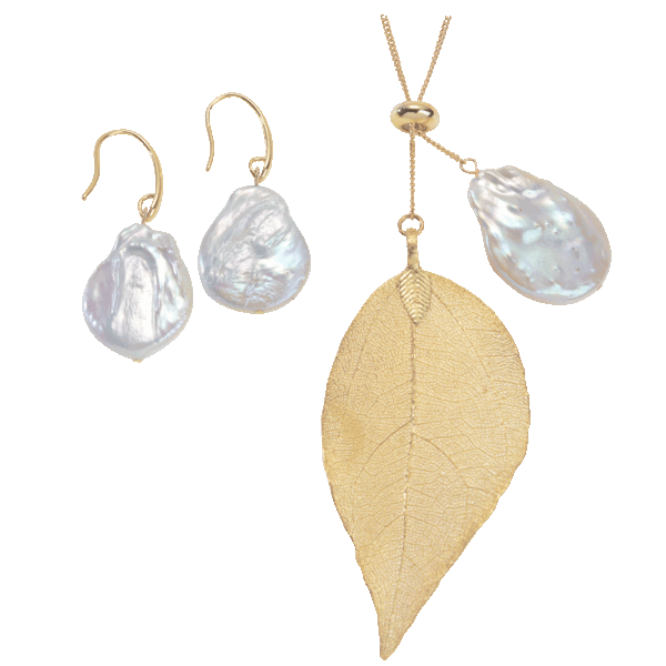 Pacific Pearls Coin Pearl & Leaf Earrings & Necklace Gift Set in 18K Gold