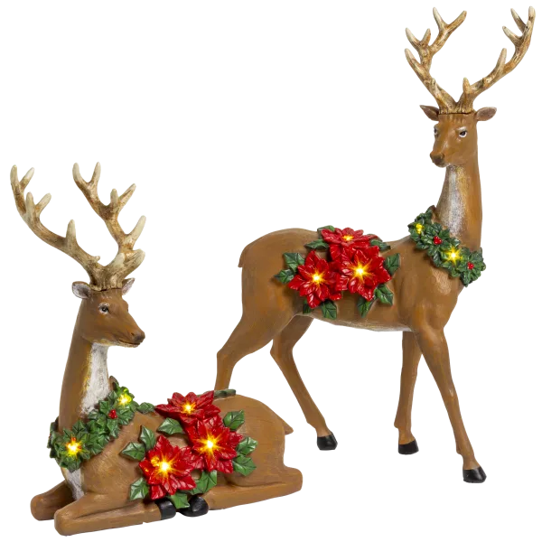 Winter Lane 2-Piece Illuminated Reindeer with Poinsettias
