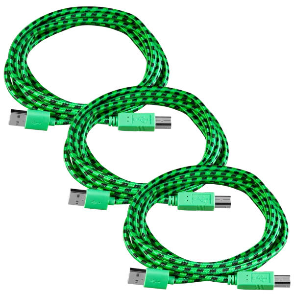 3-Pack of Evergreen 10' Green Braided USB-A to USB-B Peripheral Cables