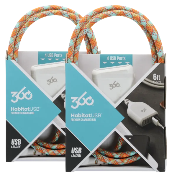 2-Pack: 360 Electrical Habitat 6FT Braided 4-Port USB Charging Hub