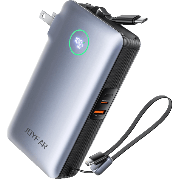JOYFAR 25,000mAh GaN 65W Power Bank with Wall Plug & Retractable USB-C Cable