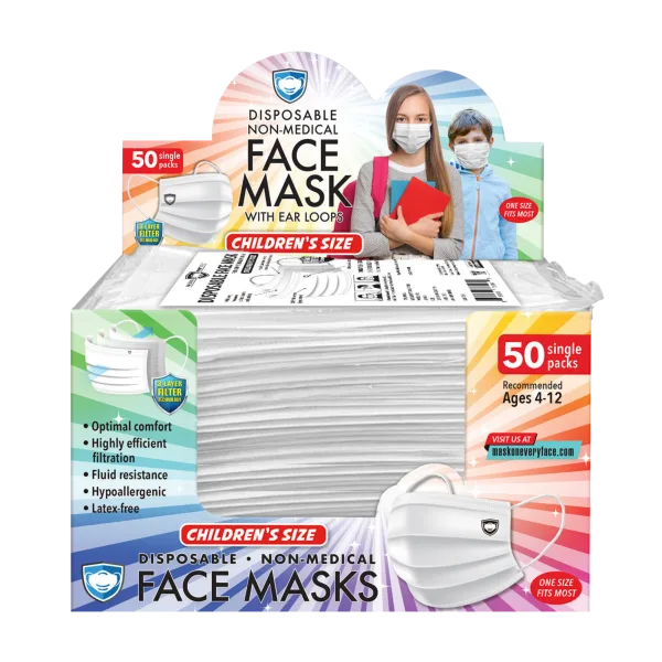 50-Count: Individually Wrapped Disposable 3-Ply Youth Face Masks