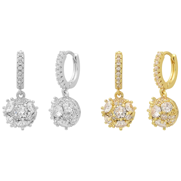 Steeltime Simulated Diamond Fire Ball Dangle Drop Huggie Hoop Earrings Set
