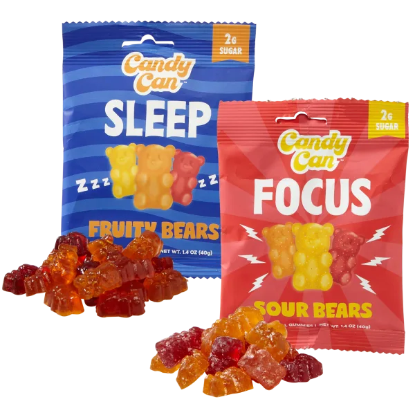 48-Pack: Candy Can Focus and/or Sleep Keto-Friendly Gummy Bear Snacks