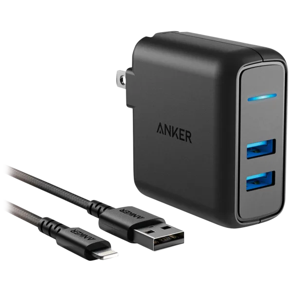 Anker PowerPort 24 Watt Charger with Two USB-A Ports and 3-Foot Lightning Cable