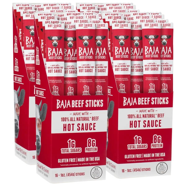 64-Pack: Baja Jerky Hot Sauce All-Natural Beef Sticks