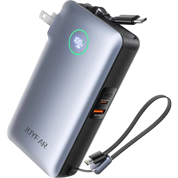 JOYFAR 25,000mAh GaN 65W Power Bank with Wall Plug & Retractable USB-C Cable