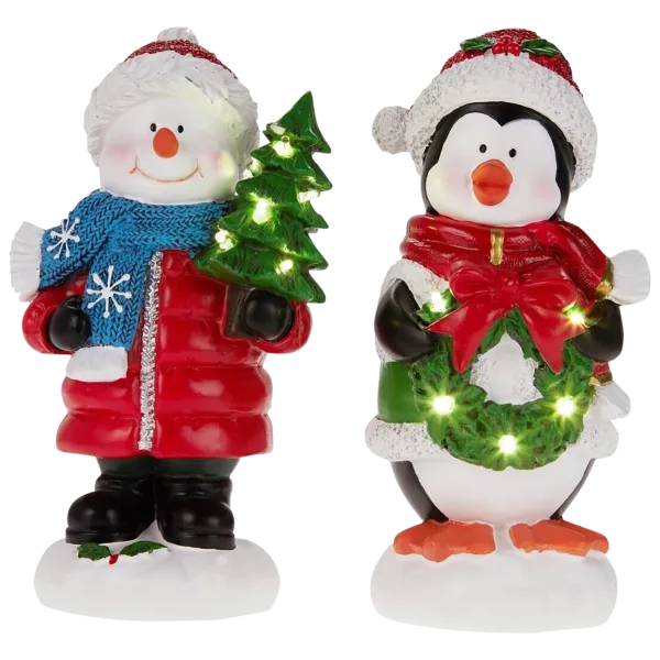 Winter Lane Illuminated Snowman And Penguin Figures