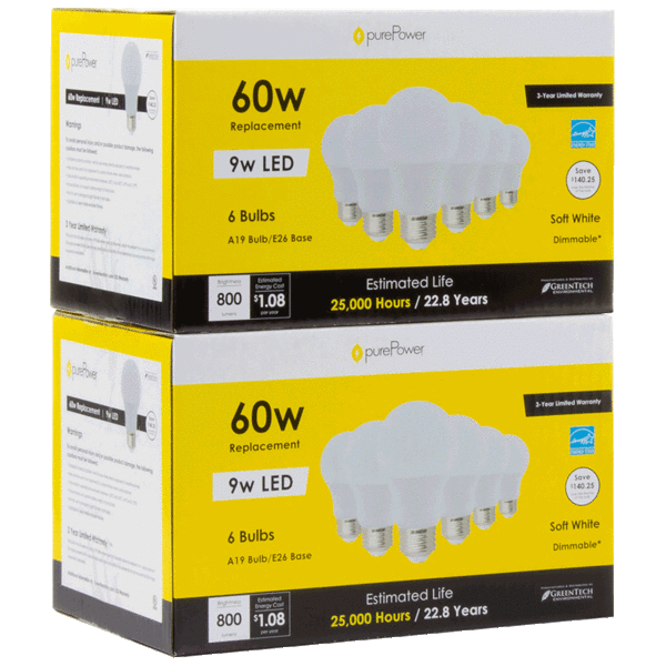 12-Pack: GreenTech purePower LED Dimmable Light Bulbs