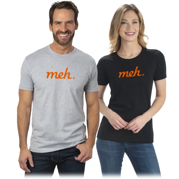 Orange Ink Meh Logo Shirts on Black or Heather Gray