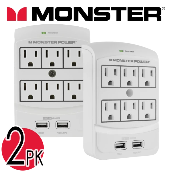 2-Pack Monster 6-Port Surge Protector Power Block with 2 USB Ports