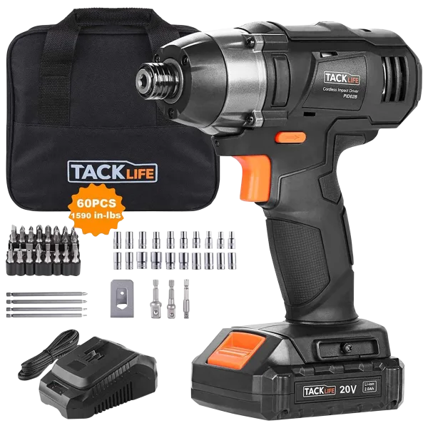 Tacklife 20V Cordless Impact Drill with 1/4" Hex Chuck and 60-piece Tool Kit
