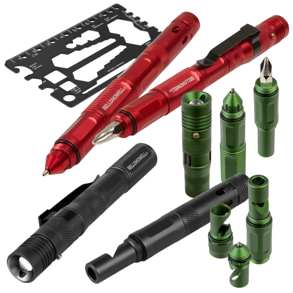 4-Pack: Bell + Howell 9-in-1 Tac Pens with Tool Cards & Extra Batteries