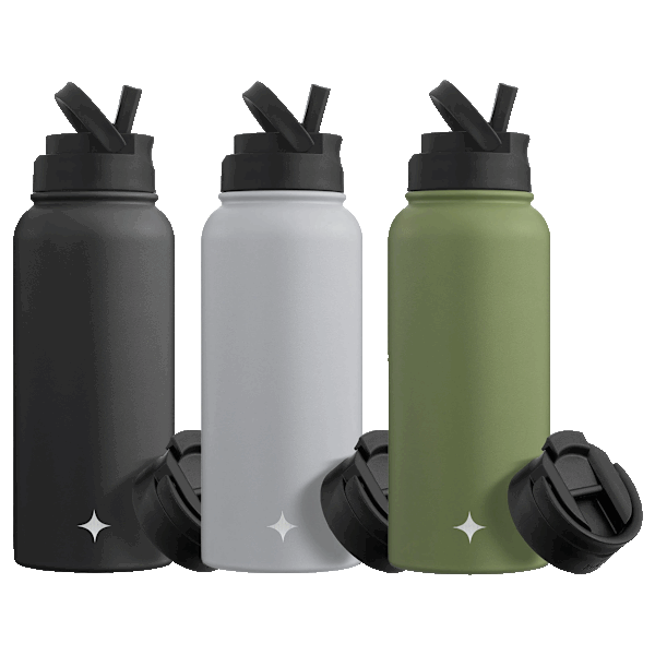 3-Pack: JoyJolt 32oz Triple Insulated Water Bottle with 2 Lids & 2 Straws