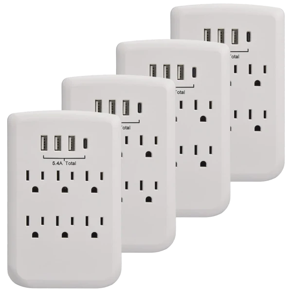 4-Pack: Clear Power 6-Outlet Wall-tap with 3 USB-A and 1 USB-C
