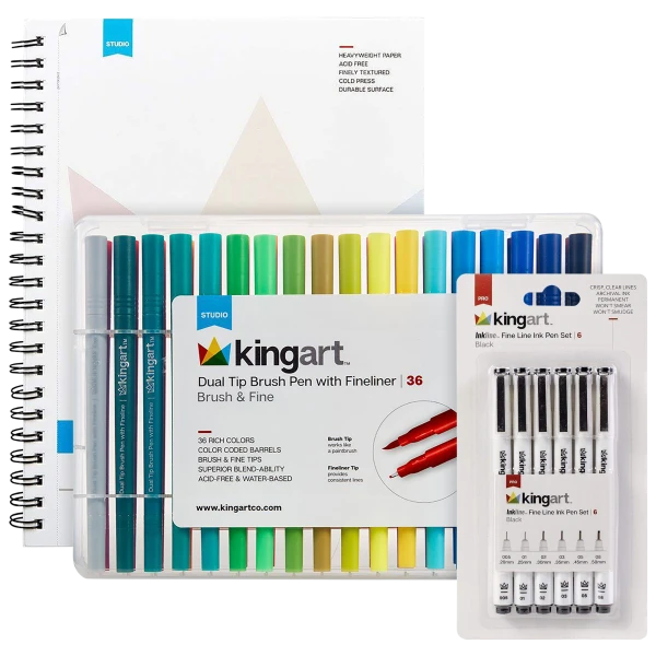 King Art 43-Piece Fineliner Brush Pens, Black Assorted Nib Pens & Watercolor Pad