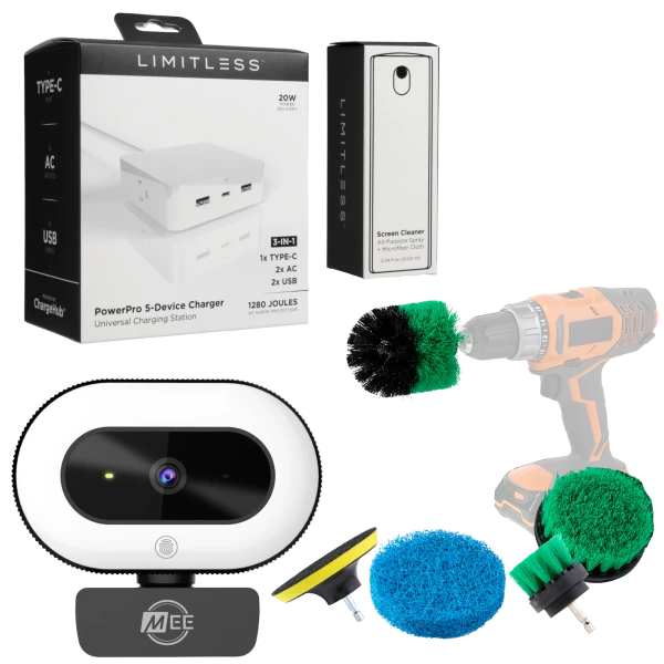 Limitless 5-Device Charger + Screen Cleaner + Webcam + Spin Brush Drill Head Set