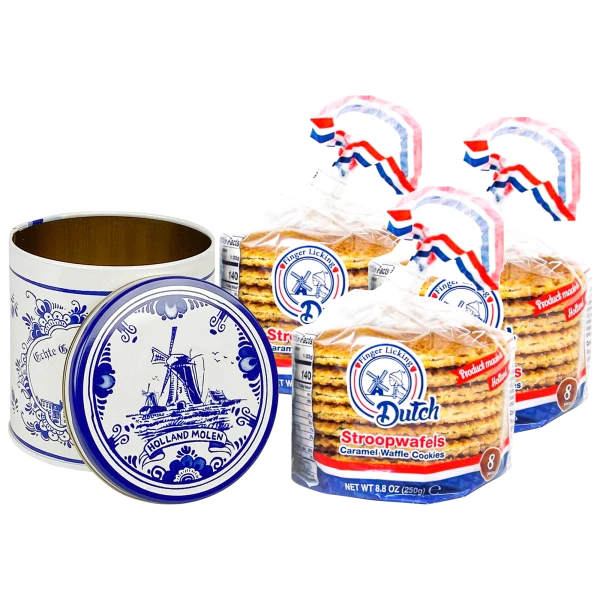 24-Count Finger Licking Dutch Caramel Stroopwafels with Blue Dutch Tin