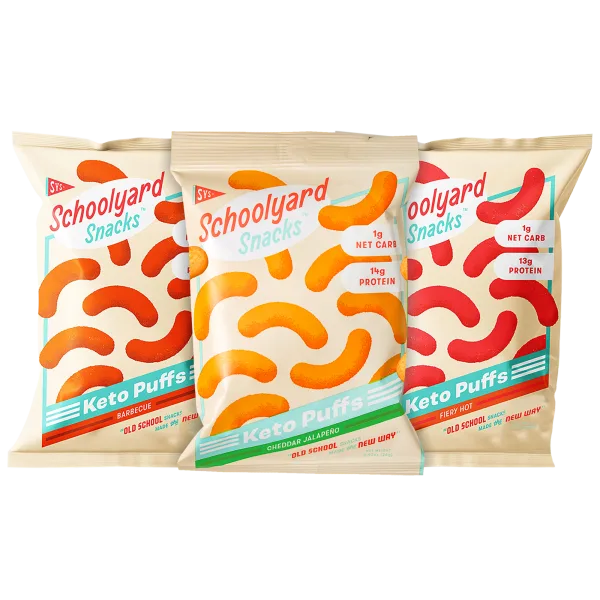 12-Pack of Schoolyard Snacks Low Carb Keto Puffs (Hot, BBQ or Cheddar Jalapeño)