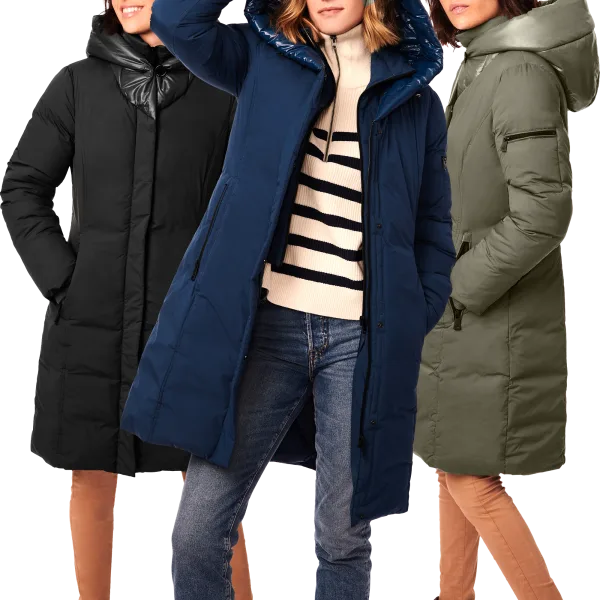 Bernardo Mid-Length Hooded Puffer Jacket with Bib